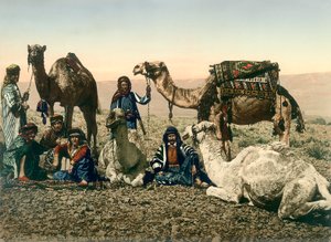 西方旅行者在约旦河谷扮演贝都因人和他们的骆驼导游，1880-1900（photochrom） 作者 瑞士摄影师